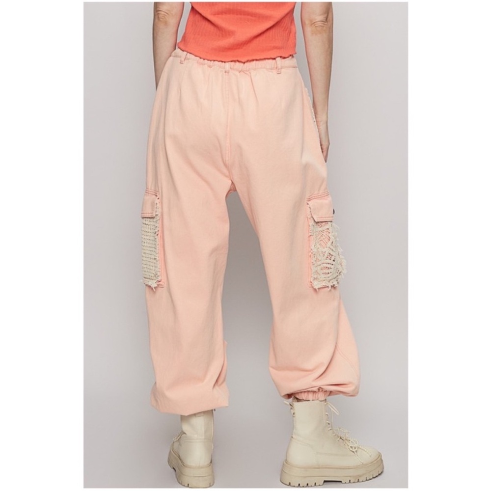 NWT! POL Pink Vintage Wash Lace Distressed Denim Jean Joggers Pants - Picture 2 of 5
